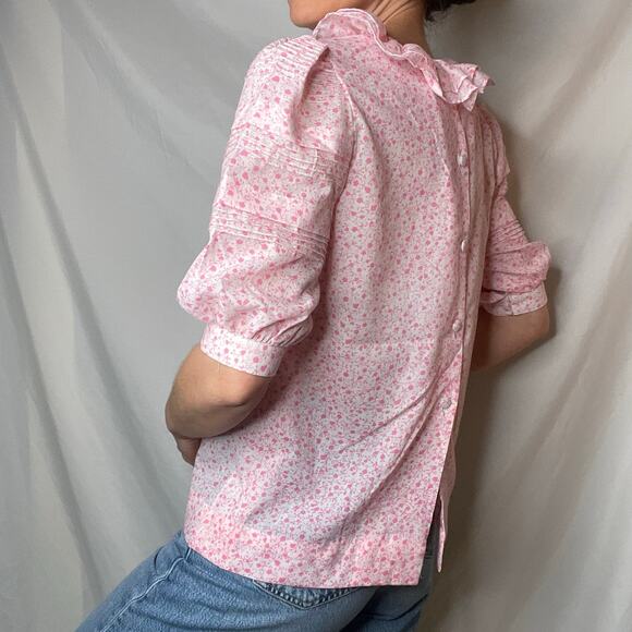 Vintage ruffle neck floral heart print blouse short puff sleeve pink pleated‎ S - Picture 3 of 17